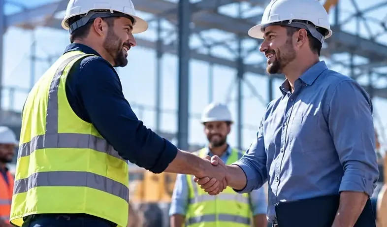 A contractor in a safety vest shaking hands with a supplier on a building site