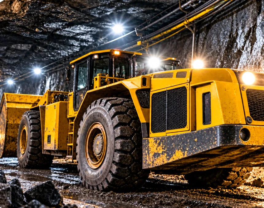 A yellow trackless loader working in a lit underground mine tunnel